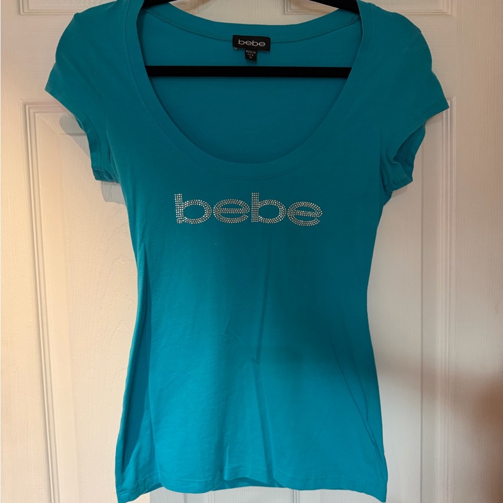 BEBE Rhinestone Logo Scoop Neck Tee